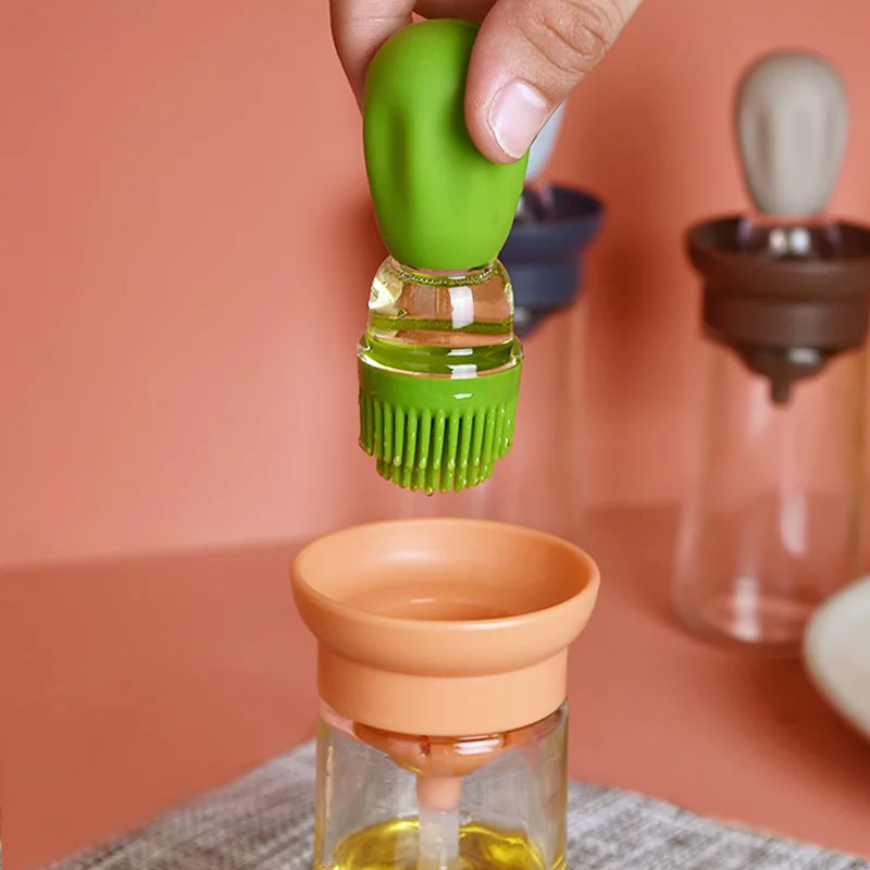 Grill Oil Brushes For Cooking Baking BBQ Baking Tool Cactus Oil Brush 180ml Portable Glass Bottle with Silicone Ration Brush