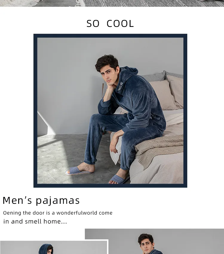 Flannel Pajamas Men Hooded Long Sleeve Thick Warm Coral Velvet Nightwear Home Clothes Plush Couple Male Pajamas Set Home Clothes mens pyjama tops