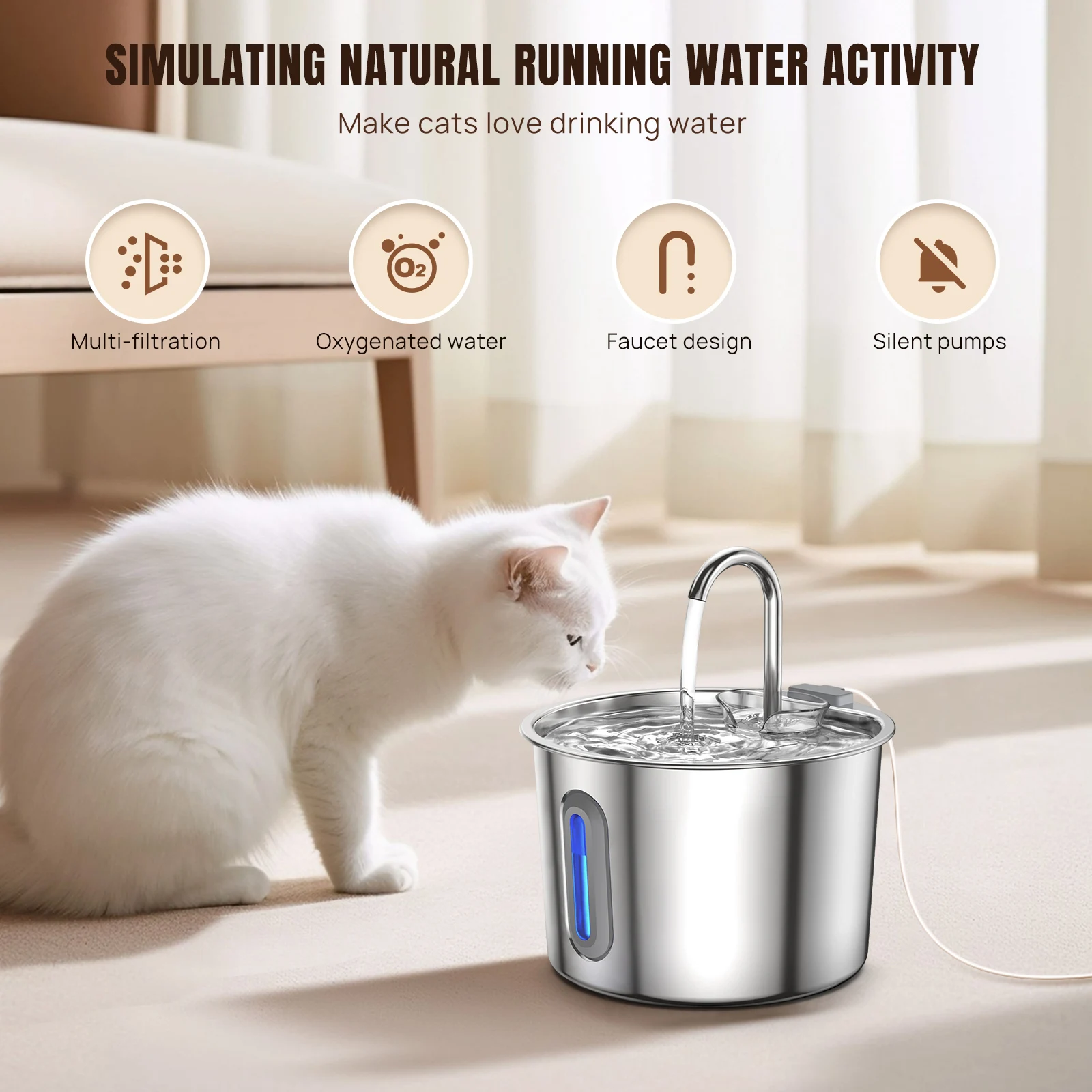Cat Fountain Stainless Steel Drinking Fountain for Cat 2.2L Quiet Cat Center Drinking Fountain for Dogs with Water Level Window 1