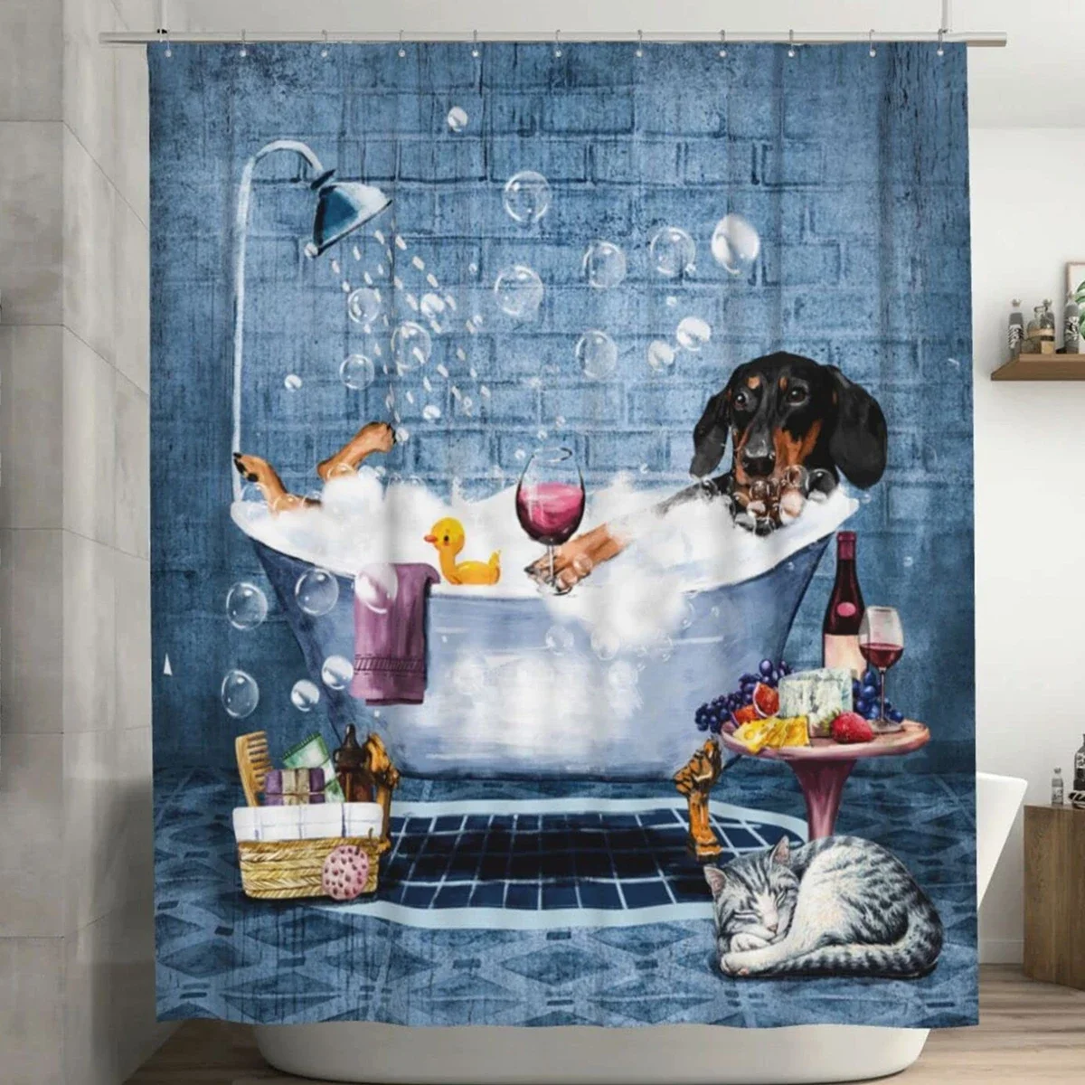 Funny Sausage Dog Dachshund Shower Curtains for Bathroom, Cartoon Dogs