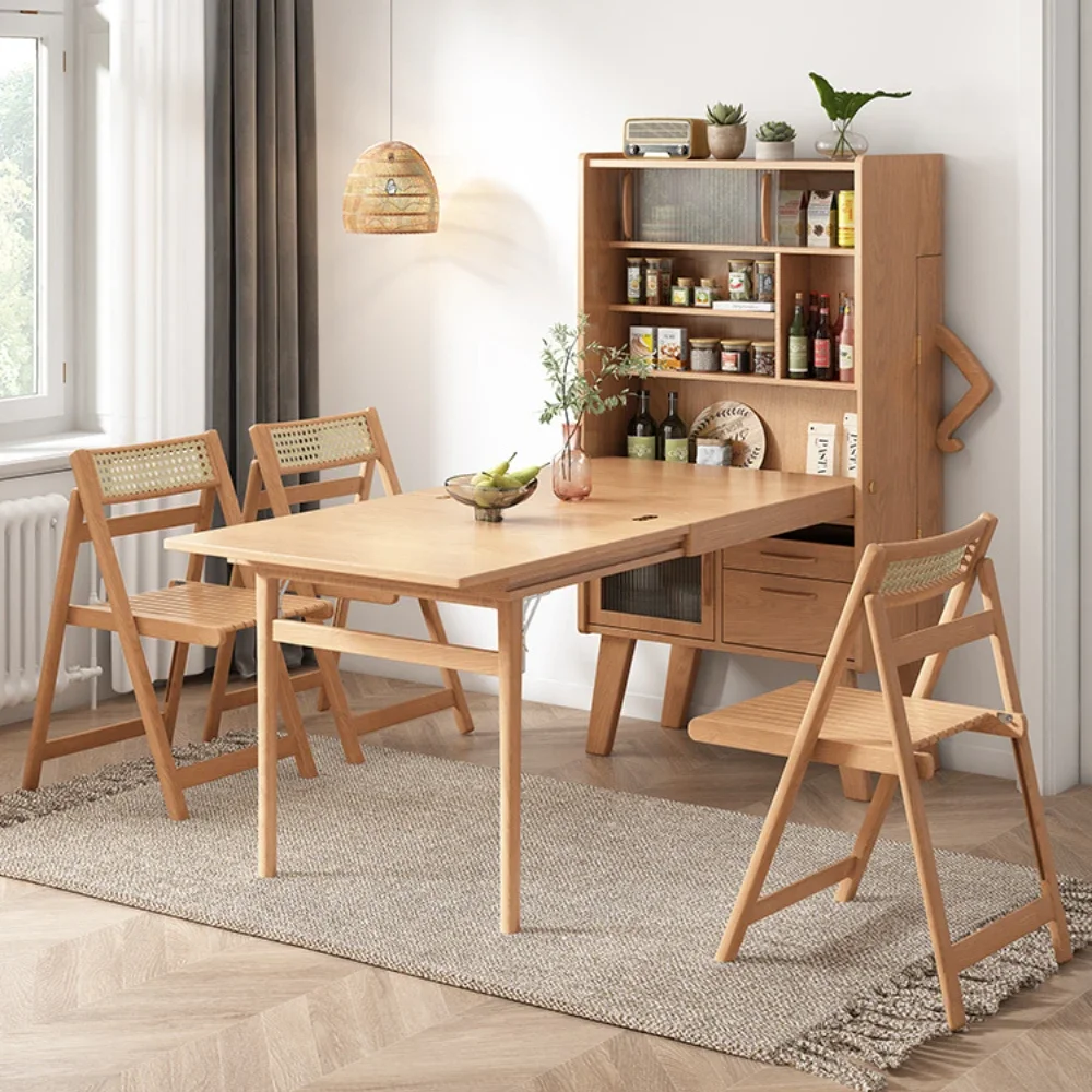 

Retractable Dining Table Solid Wood Rectangular Dining Table Sideboard Cabinet Integrated Folding Dining Tables and Chairs Set