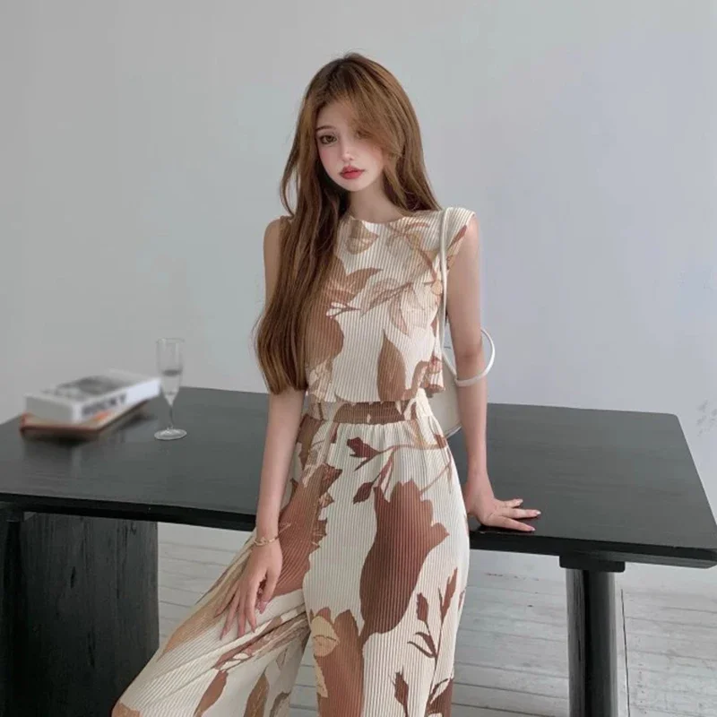 Women's Top Pants set Summer Print O Neck Sleeveless Short Tank Top Elegant Retro Simple All-match Korean Style Ladies Empire Su