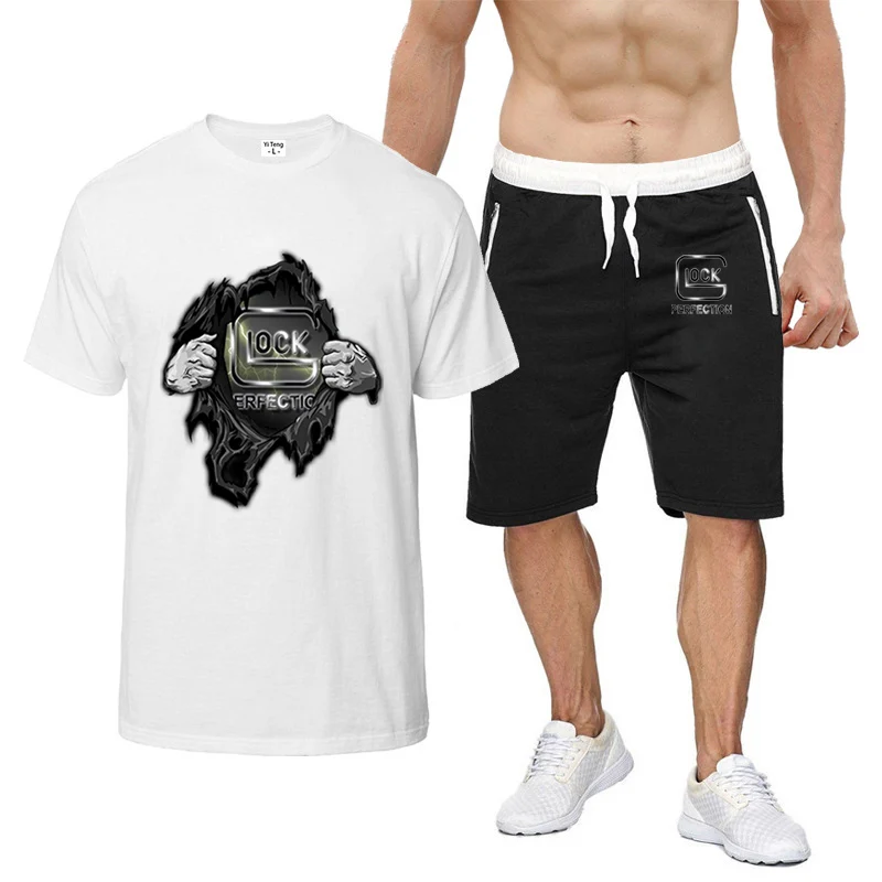 2023 summer new fashion Glock perfect shooting printing men's round neck and short sleeves+sweatpants eight-color suit