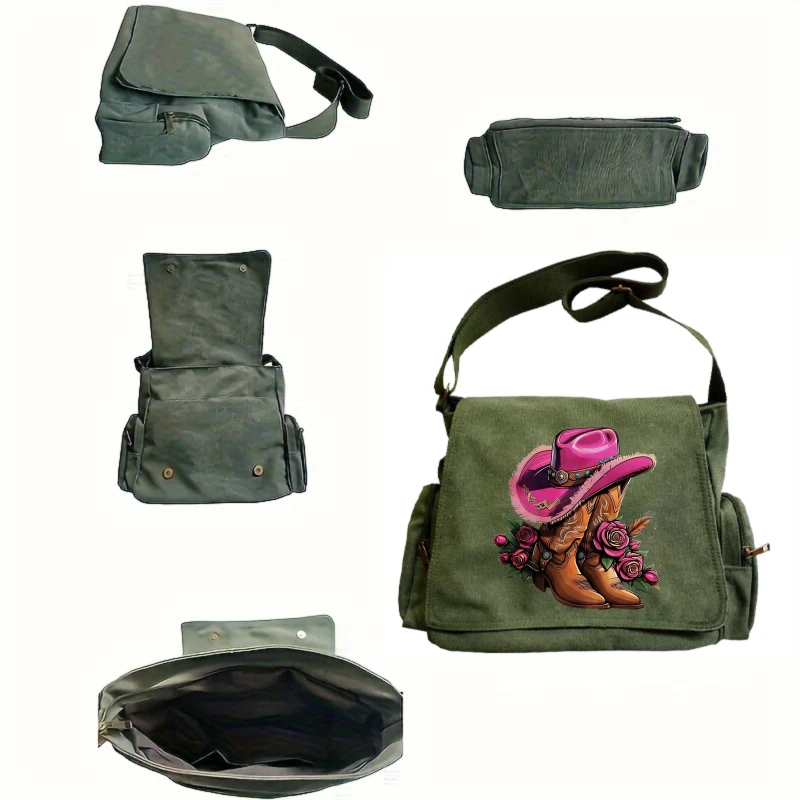 Vintage Women's Shoulder Bag Canvas Crossbody Bag Cowboy Print Large Capacity Multiple Pockets Messenger Bag