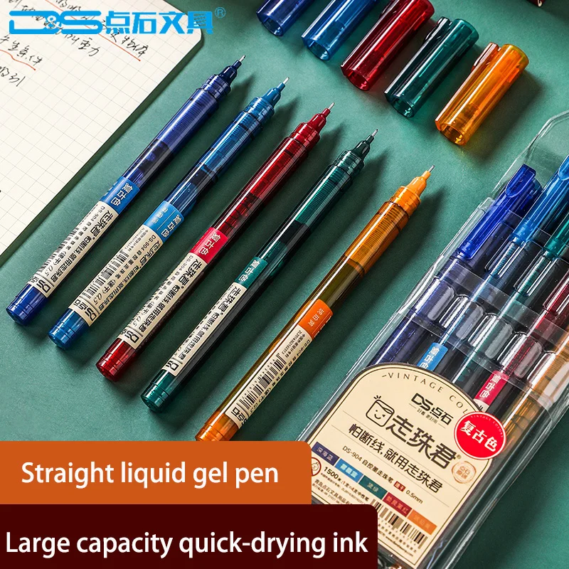 5 pcs High Capacity Straight Liquid Gel Pen DS-904 Quick Dry Vintage Colour Ink 10 Colors Set 0.5mm Needle Shaped Nib Handbook |