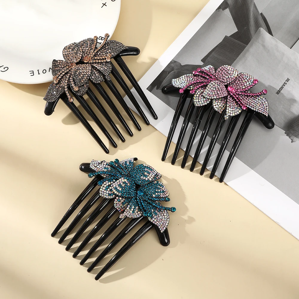 Haimeikang 10.5cm Rhinestone Flower Hair Comb Hairpins Women Shiny Color Elegant Combs Hair Clips Fashion Hair Accessories