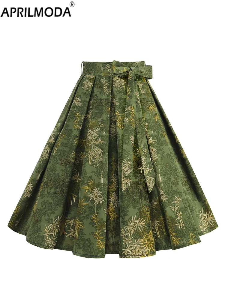 

Женская плиссированная юбка с высокой талией, зеленая Повседневная летняя юбка до колен с растительным принтом в винтажном стиле 50-60-х годов, 2024