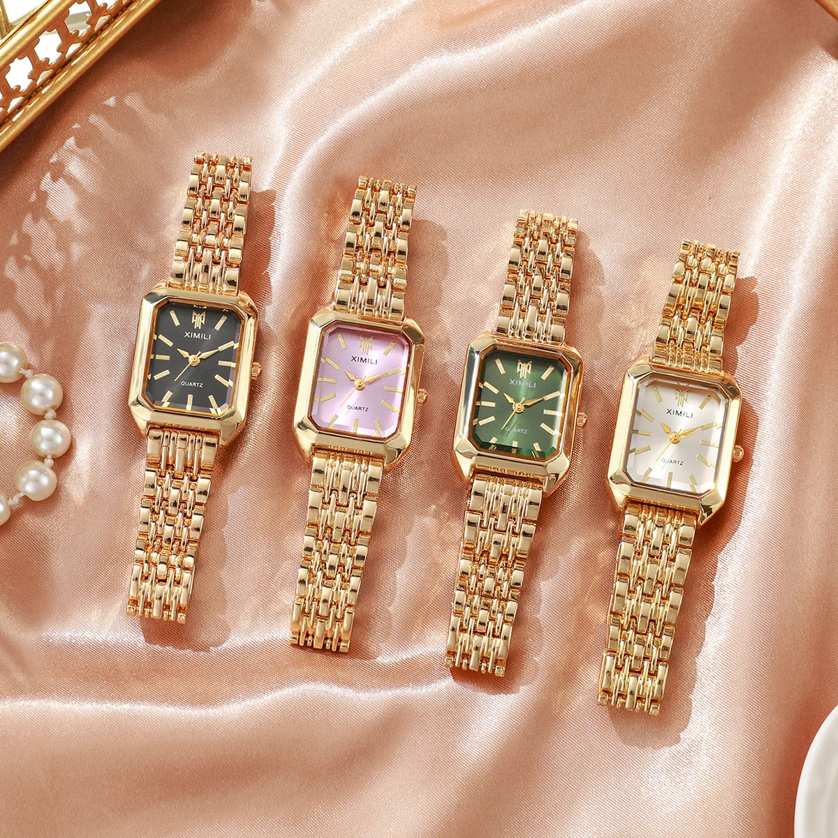 4PCS/Set Fashion Rectangle  Women Watches Quartz Watch Luxury Stainless Steel Band Wristwatches Reloj Mujer Clock（Without Box） 3