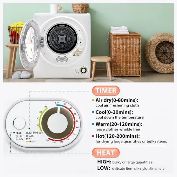 Euhomy 110V Portable Clothes Dryer 850W Compact Laundry Dryers 1.5 cu.ft Front Load Stainless Steel Electric Dryers Machine 5