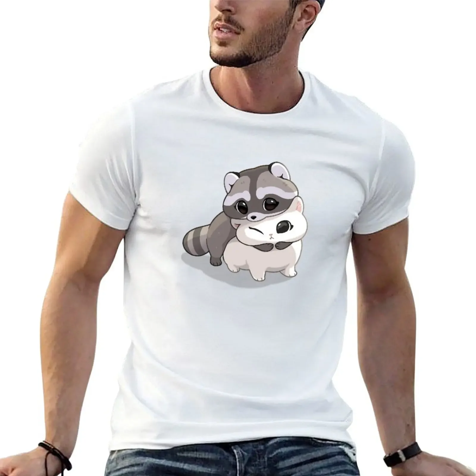 

Cuddle Raccoon T-shirt summer top boys whites men t shirts