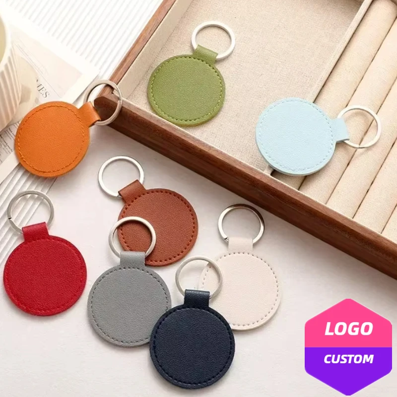 Round PU Leather Keychain Laser Engrave Name Circle Custom Logo Key ...