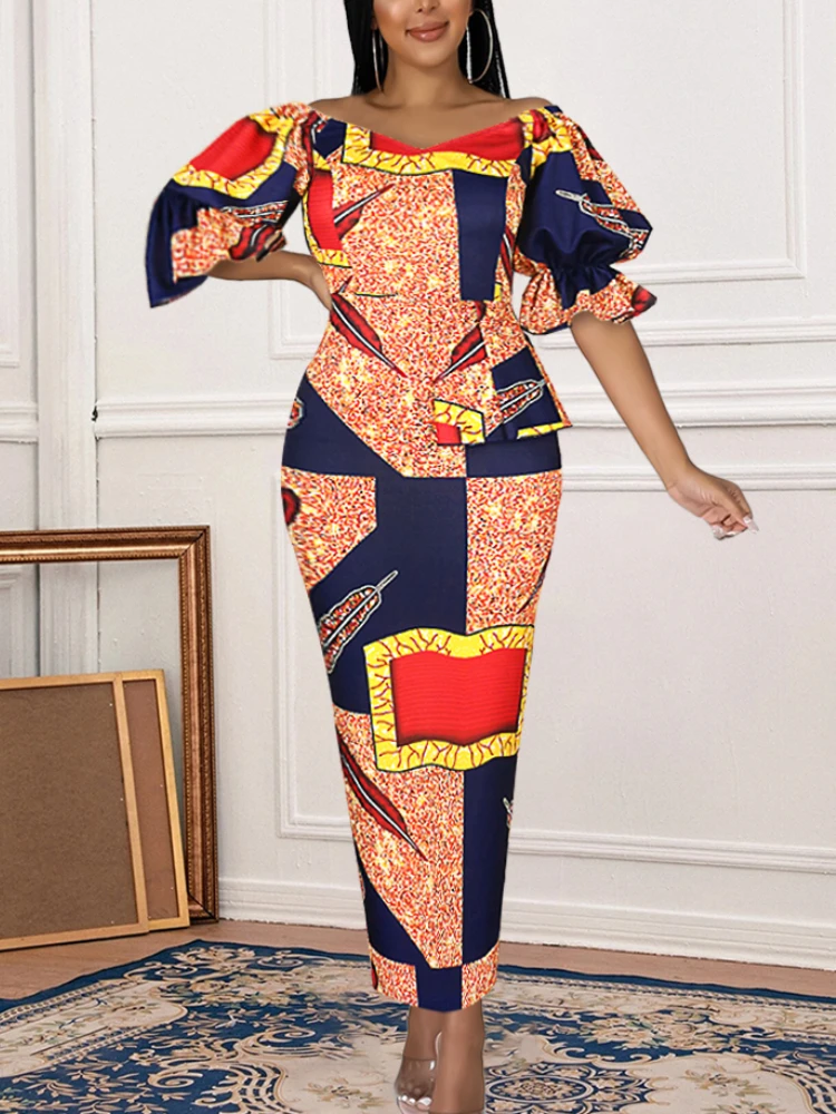 Ankara Print Puff Sleeves Bare Shoulder dress 1