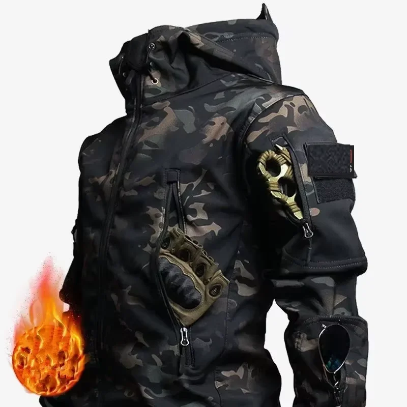 Camo Jackets Warm Men's Soft Shell Military Uniform Hooded Jacket+multi Pocket Tactical Pants Warmth Set Plush Thickened Coat