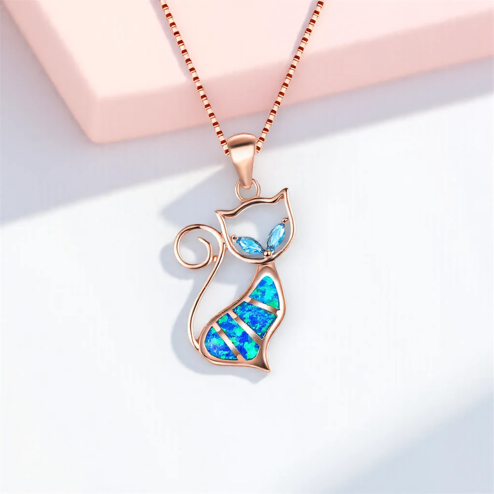 Cute Aqua Blue Small Cat Pendant Blue Opal Stone Necklaces For Women Vintage Rose Gold Color Box Chains Necklace Wedding Jewelry