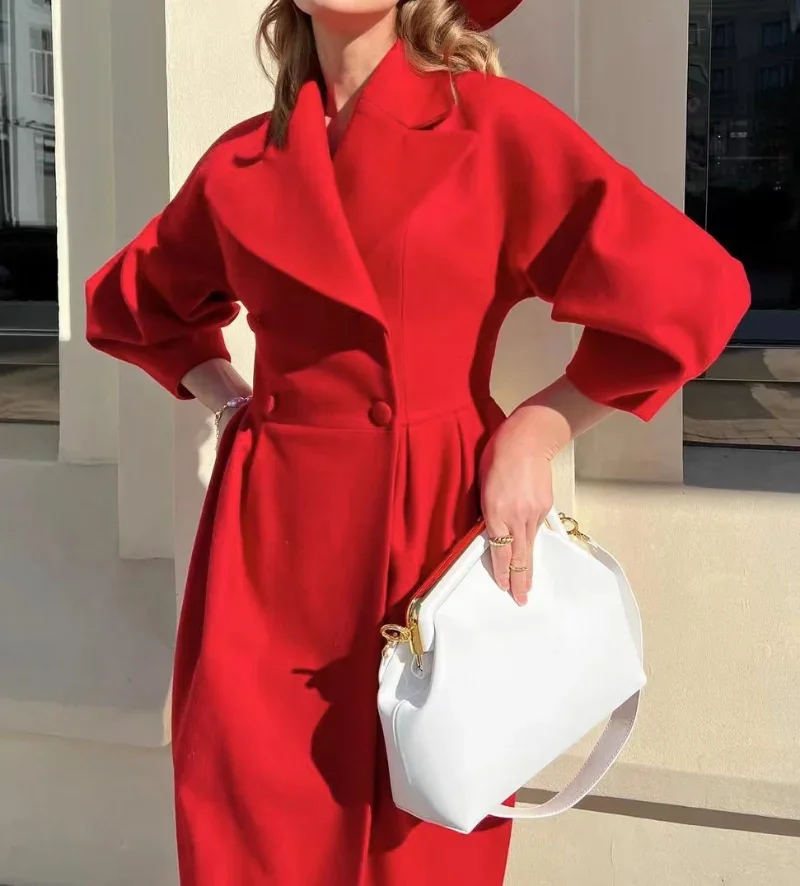 Women Woolen Coat Lapel Double-Breasted Office Lady Long Jackets Autumn Lantern Sleeve Windbreaker Thick Streetwear Female Coats