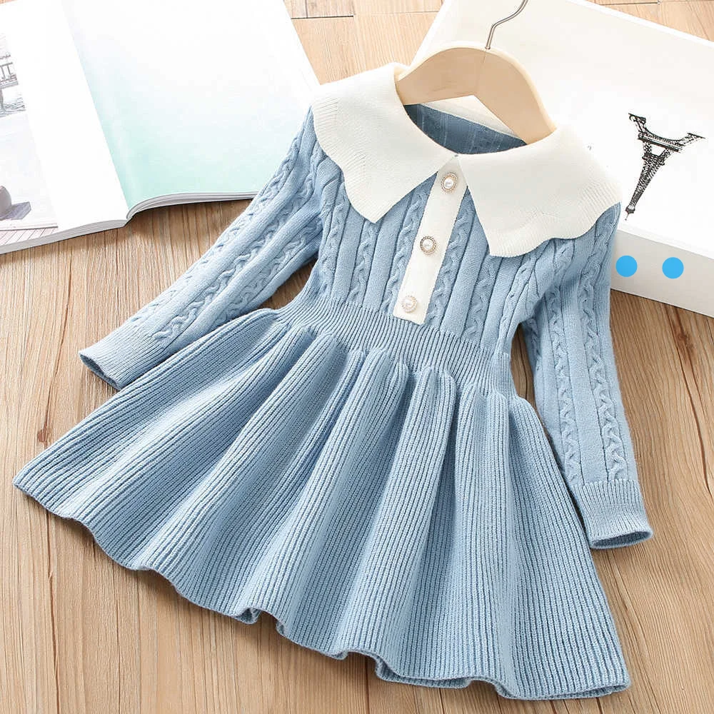 

Girls' Sweater Dress Winter New Korean Edition Foreign Style Solid Color Little Girl Knitted Long Sleeve Princess Dress Trend