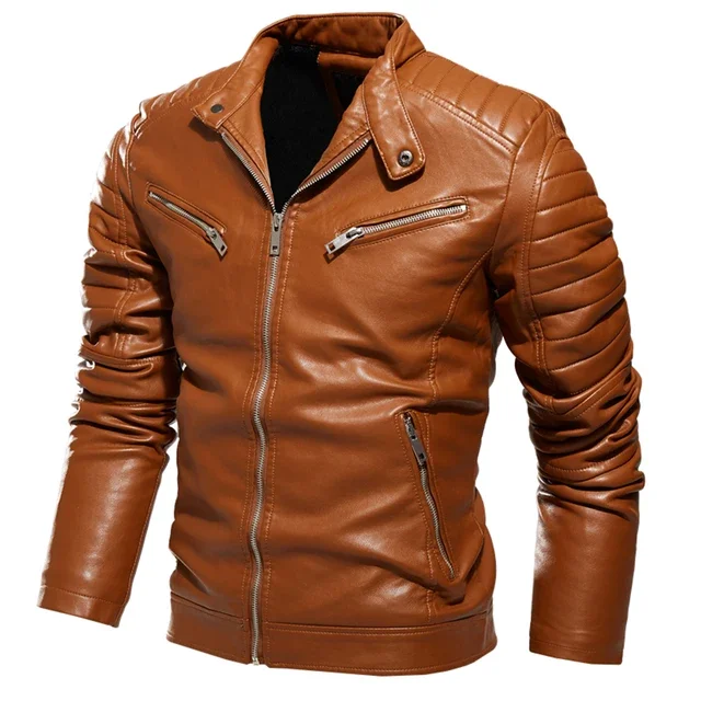thumbnail image 1 of Chaqueta de motociclista cálida con forro de piel para hombre, abrigo de motociclista negro ajustado de moda urbana, diseño plisado, cremallera, chaqueta de cuero negra de invierno 2024, 1 of 5