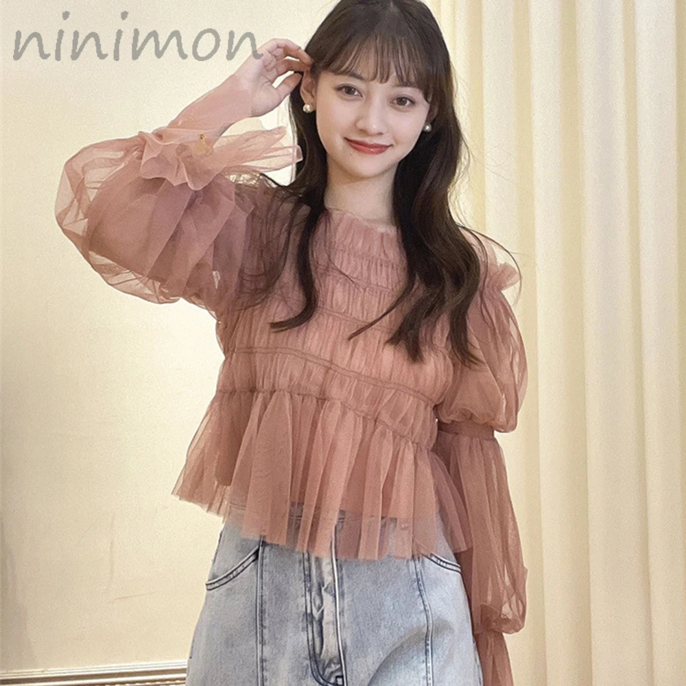 

NINIMON Women Blouse Sweet One Line Neck Off Shoulder Tulle Pleated Shirt Tops Layered Ruffled Short Style Pullover
