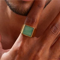 Natural Green Stone Ring for Men Boys,Gold Color Stainless Steel Stamp Ring Thumb Ring Square Ring,Punk Stylish Jewelry Gift