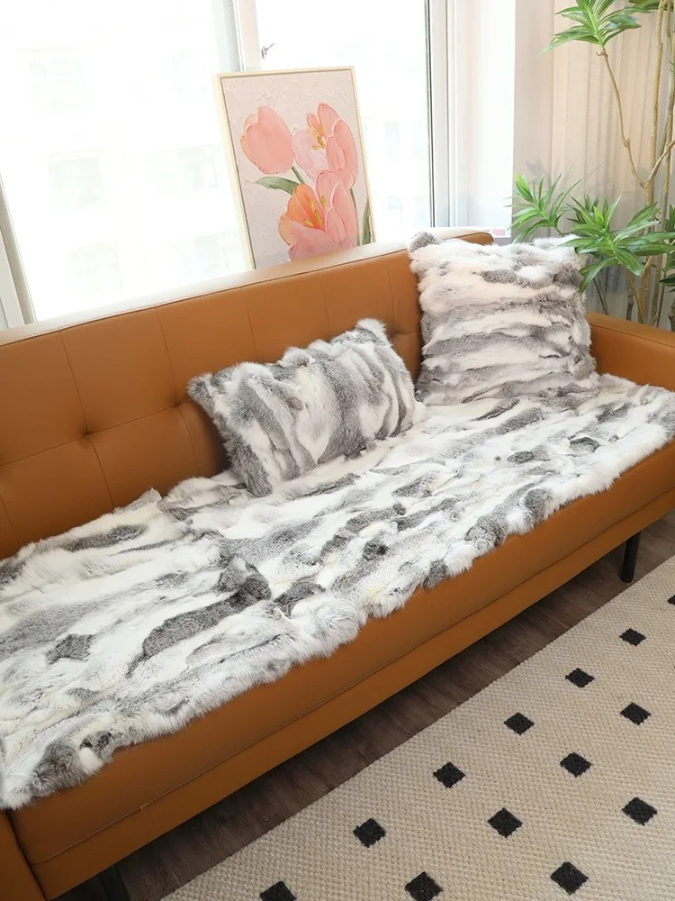 Customized Natural Colour Rabbit Real Fur Sofa Cover Carpet Blanket Bed Towel Fur Mermaid Blanket Decorative Sofa 3