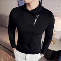 Spring Autumn Fashion Zipper T-Shirt Men Slim Fit Elastic Casual Tees Tops Men Solid Color Mock Neck Youthful Vitality T Shirts 6