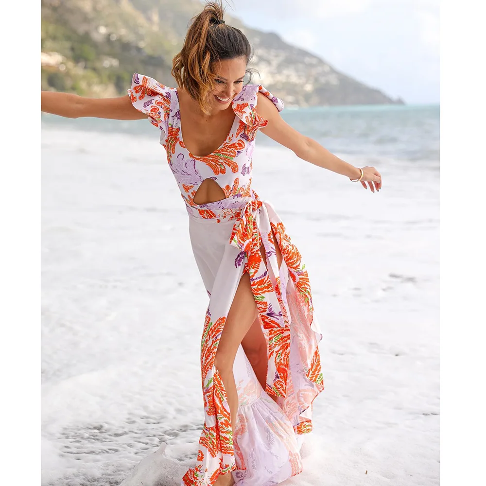 2023 New Printed Ruffled One-piece Swimsuit Chiffon Beach Skirt Two-piece Set Swimwear with Straps High Waist Backless Beachwear