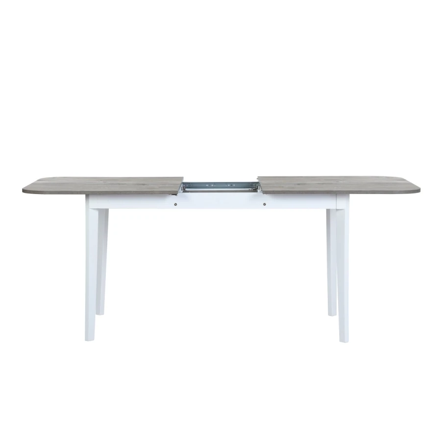 Extendable Dining Table, Removable SelfStoring Leaf, Grey wood table amp; white legs