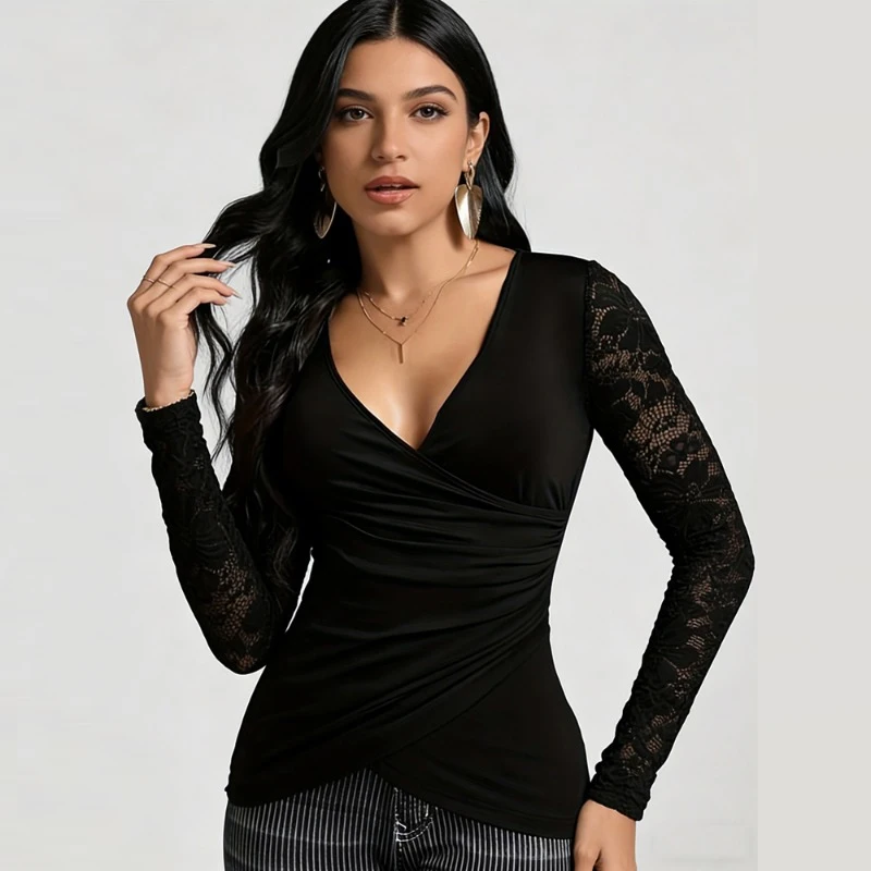 Elegant Lace Splicing Long-sleeved Women's Shirt Spring and Autumn Fashion New V-neck Pullover Casual Solid Color Slim Blouse