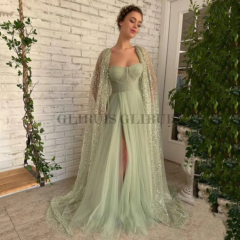 

Mint Green Sexy Long Prom Dresses Pleated High Split Side Formal Evening Party Gowns Beads Cape Women Couture Formatura