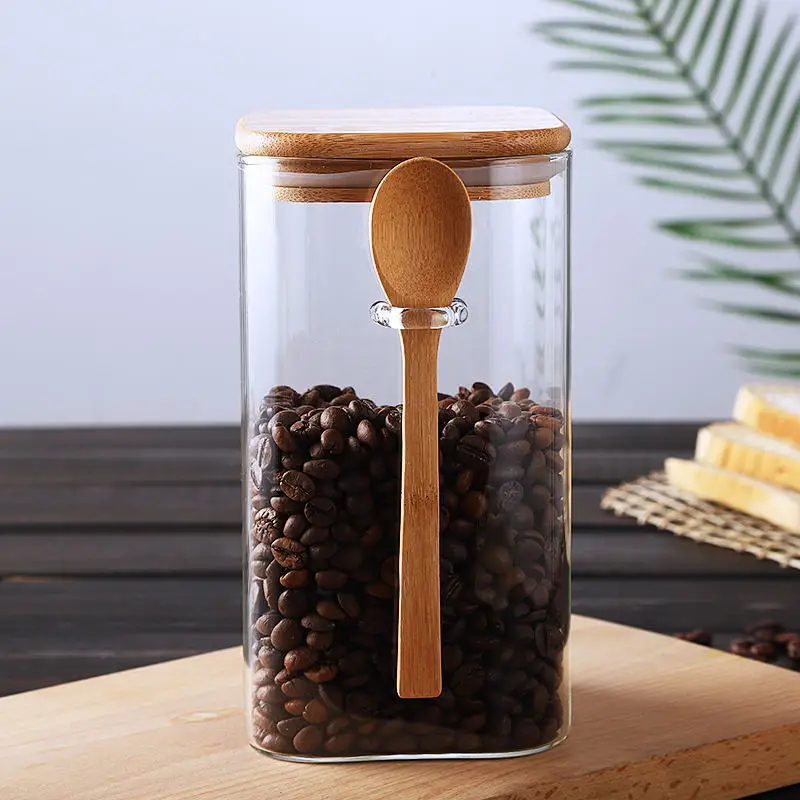 

2023 NEW Style Square Glass Sealed Storage Jar with Wooden Spoon Seasoning Box Coffee Bean Household Milk Powder Tea Cans