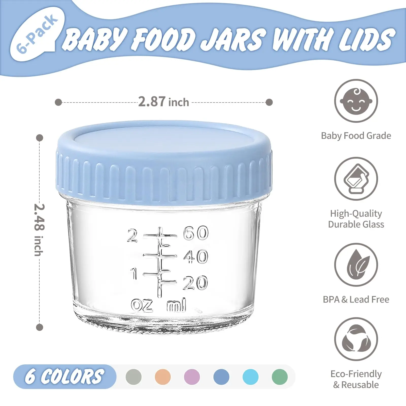 Glass baby food storage containers 4 oz Baby food jar lid Baby Maker Frozen safe reusable 6 packs glass storage jar glass storage container