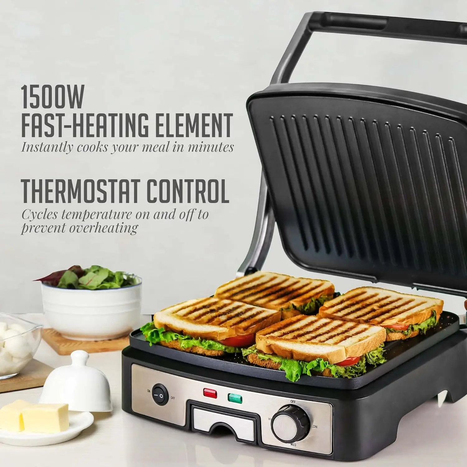 Electric Panini Press Sandwich Maker, 1500W Indoor Grill with Non-Stick Coated Plates, Temperature Control & Removable Drip Tray 3