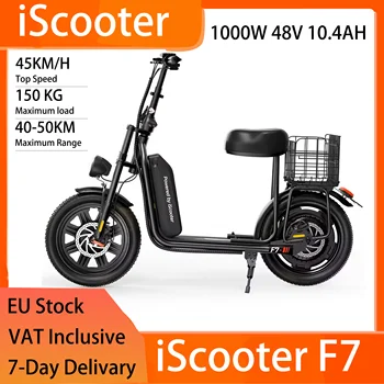 iScooter F7 16x3,0" E-Scooter gonfiabile con pneumatici grassi da neve - 1000 W 48 V 10,4 Ah, sedile e cestino, freno a disco, 45 km/h, nero