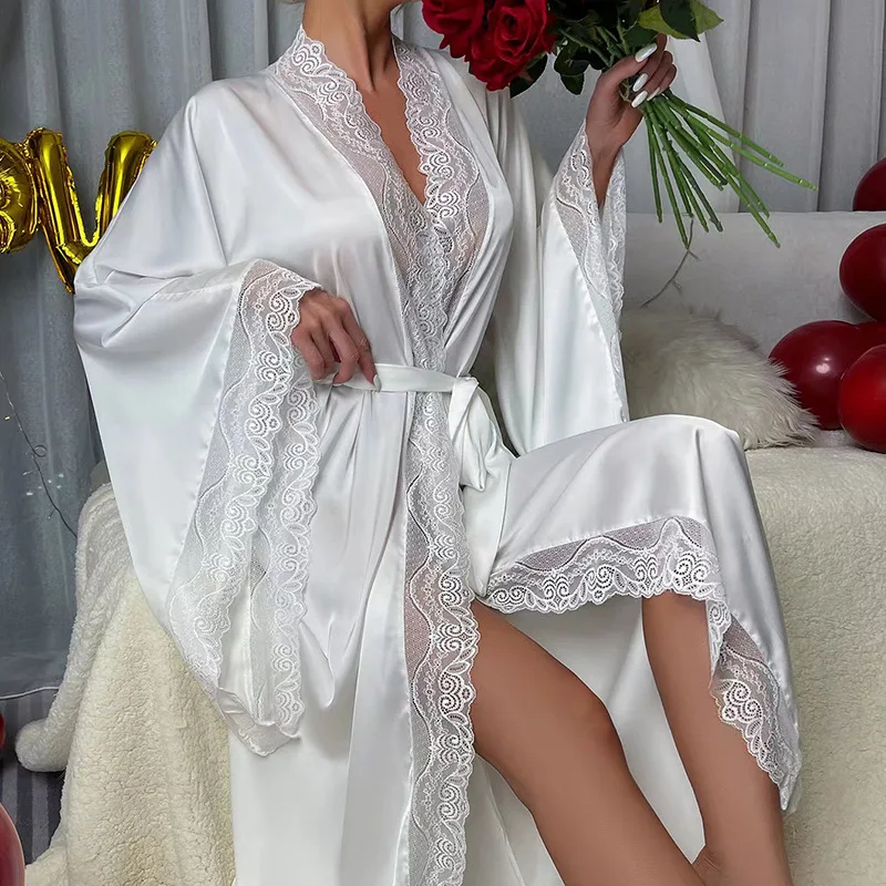 Satin Pajamas Women Lace Light Luxury Long Sleeve Cool Feeling Robe Bathrobe Homewear Women's Feeling Comfortable