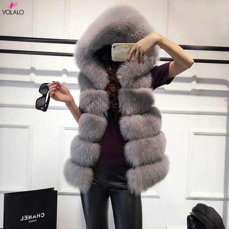 

Fox Fur Vest Hood 6 Color High Quality Soft Thick Warm Vest Hoodie Female Black Faux Fox Fur Mink Sleeveless Hooded Coat Women