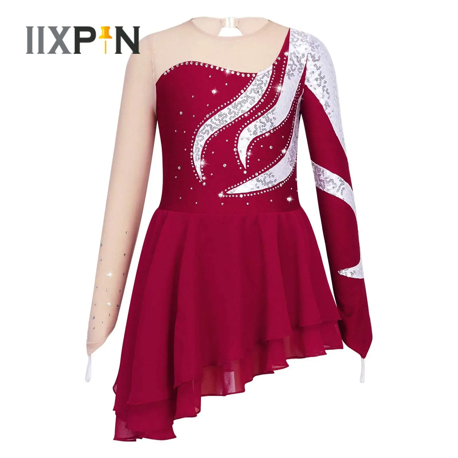 

Kids Girls Chiffon Ballet Dance Leotard Dress Shiny Sequins Long Sleeve Round Neck Mesh Gymnastics Figure Skating Dance Wear New
