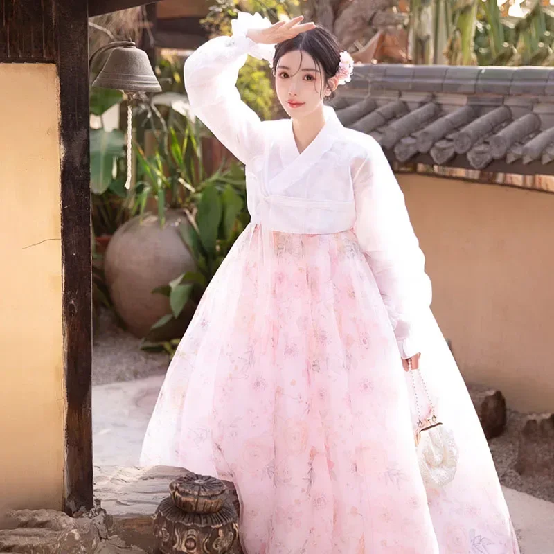 2025 Summer Korean Clothing New Pink Print Gauze Court Hanbok
