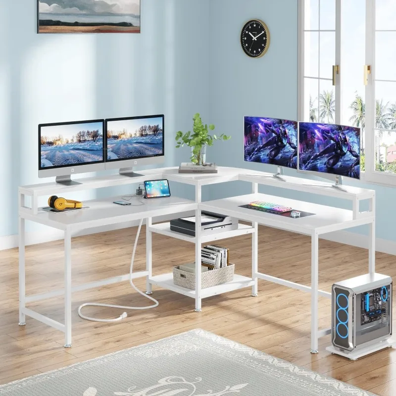

Power Outlet and USB Port, 59 in L-Shaped Computer Corner Desk with Storage Shelves, Home Office Desk Workstation