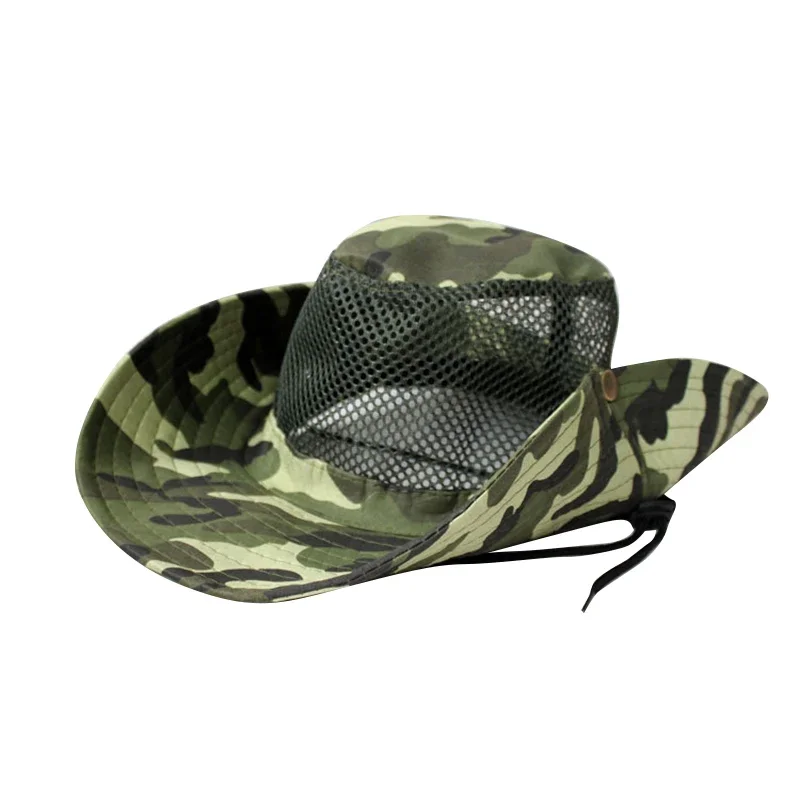 Outdoor Camouflage Sun Hat Hunting Fishing Cap Outdoor Wide Brim Sun Cap Mesh Breathable Bucket Leaves Hat Man