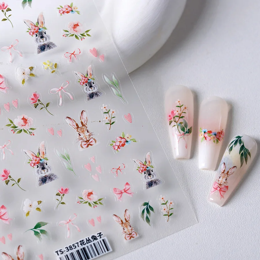 Cute Rabbit Love Heart Bowknot Easter Bunny Eggs Bunny Flower Rose Leaves Nail Art Stickers Charm Garden Animal Manicure Decals 6
