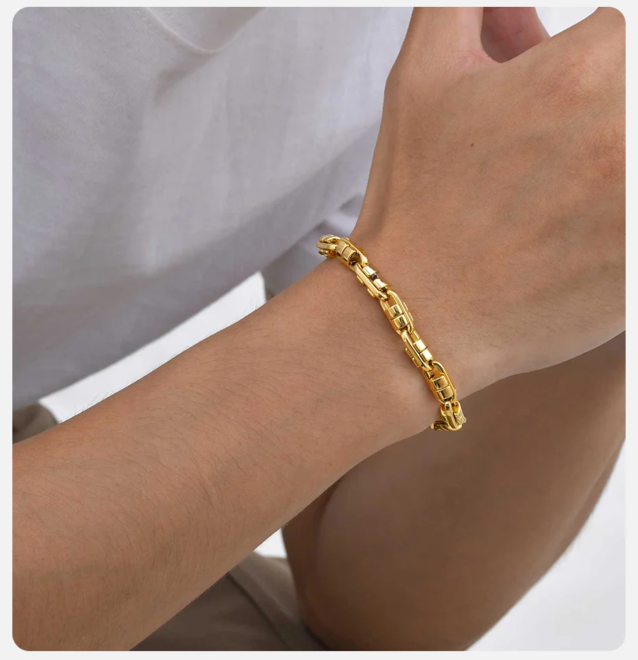 Vnox Dickes Punk-Gliederkettenarmband für Männer und Teenager, dreifarbige handgefertigte schwere Kette aus Edelstahl, stilvoller Handschmuck aus Metall – Detail 3