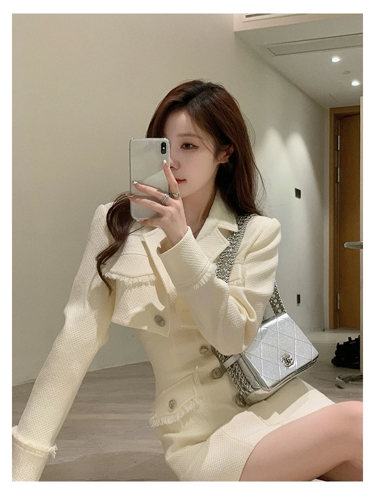 Elegant Autumn New Tweed Two-piece Set Women Long Sleeve Short Jacket Strapless Bodycon Mini Dress Korean Fashion Luxury Outfits