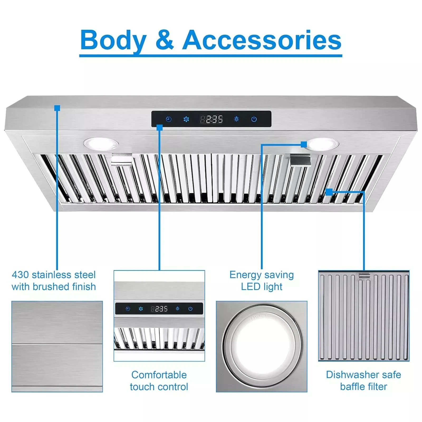 30 inch 600CFM Under Cabinet  3-Speed Touch Panel Vent LED Range Hood US0475BTC 6