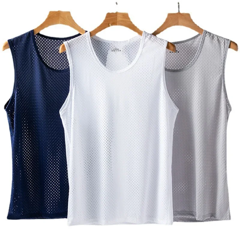 Men's Ice Silk Mesh Vest Thin Fit Summer Sporty Sleeveless Tank Top Underwear Home Clothes Inner Wear Dry Fit Quick Dry Breathab