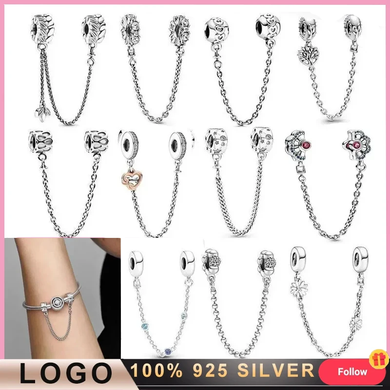 2023 New Women's 925 Silver Sparkling Heart shaped Daisy Safety Chain Charm Original LOGO DIY Jewelry Gifts Fashion Light Luxury