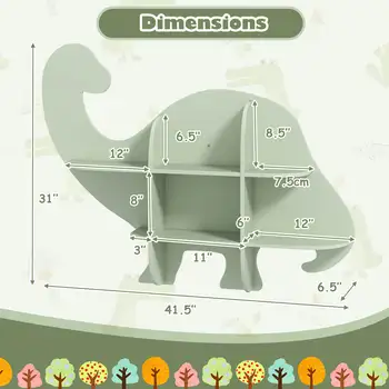 2-Tier Floating Dinosaur Kids Bookshelf Wall-Mounted Nursery Book Shelf 2