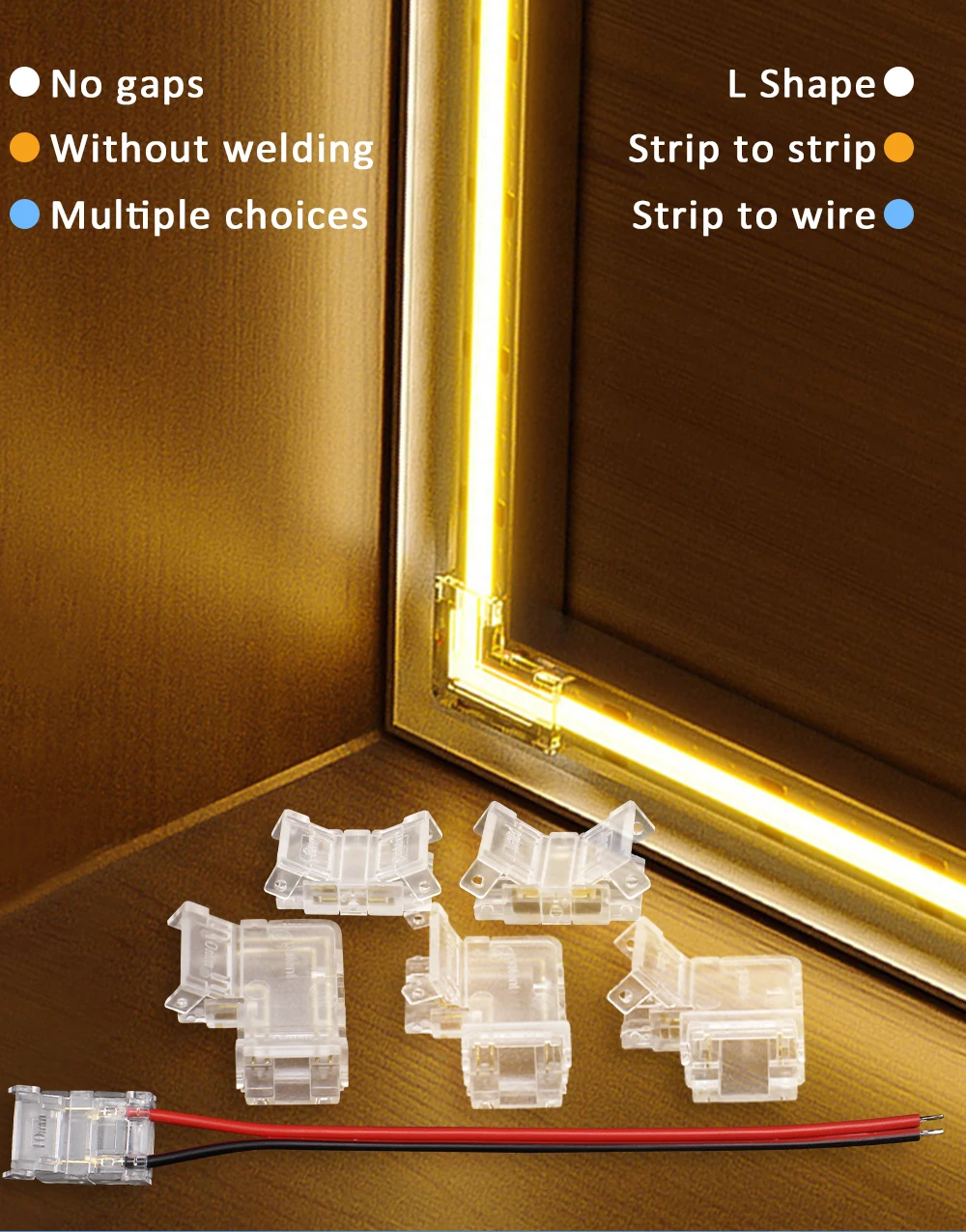 Lötfreier LED-Stecker, 2-polig, 5 mm, 8 mm, 10 mm, Streifen zum Streifen, Stromkabel, Überbrückungsklemme für RGB, CCT, COB, LED-Bandlicht – Detail 3