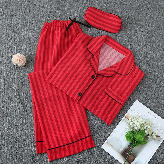Women'S Pajama Set Long Sleeve Button Pajamas Two Piece Set Striped Sleepwear Casual Set With Eye Sexy Nightwear Women 4