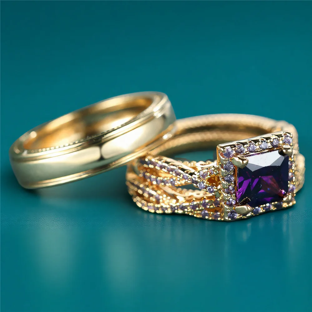 Crystal Female Purple Zircon Ring Set Fashion Vintage Gold Color Bridal Wedding Engagement Jewelry For Women