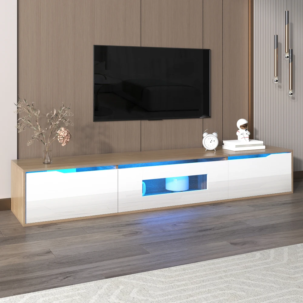 PINGGO Hochglanz-TV-Schrank Farblich Abgestimmte LED-Beleuchtung Weiß Holzton Heimunterhaltungs-Aufbewahrungseinheit – Detail 4